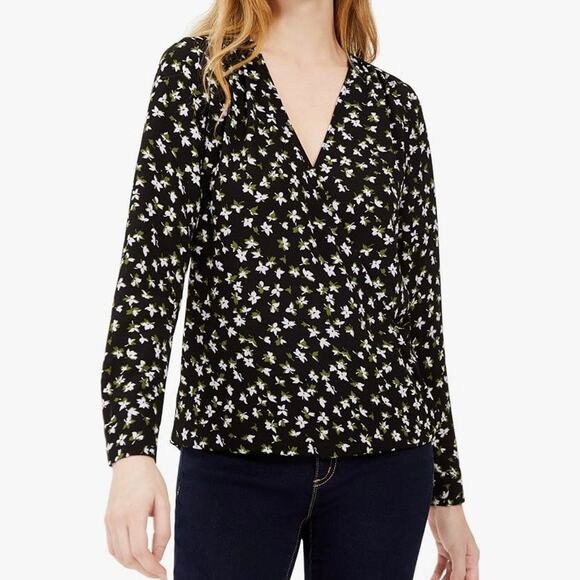 Michael Michael Kors Blouse Faux Wrap Top Black Floral Long Sleeve Women's XXS - Picture 1 of 10